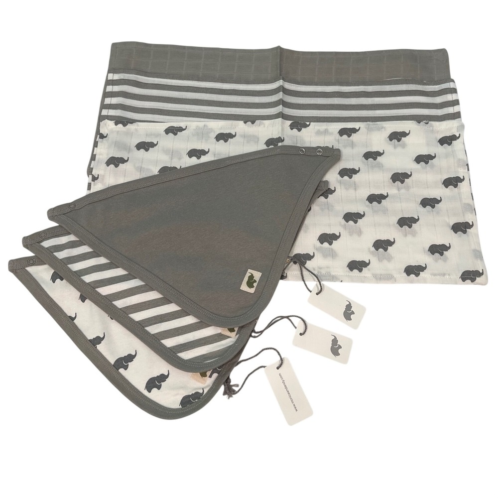 Monica + Andy Grey Organic Cotton Muslin Burp Cloth and Bandana Bib Bundle NWT